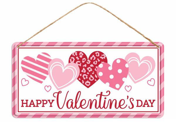 Tin Happy Valentine's Day sign with red heart text on a white background.