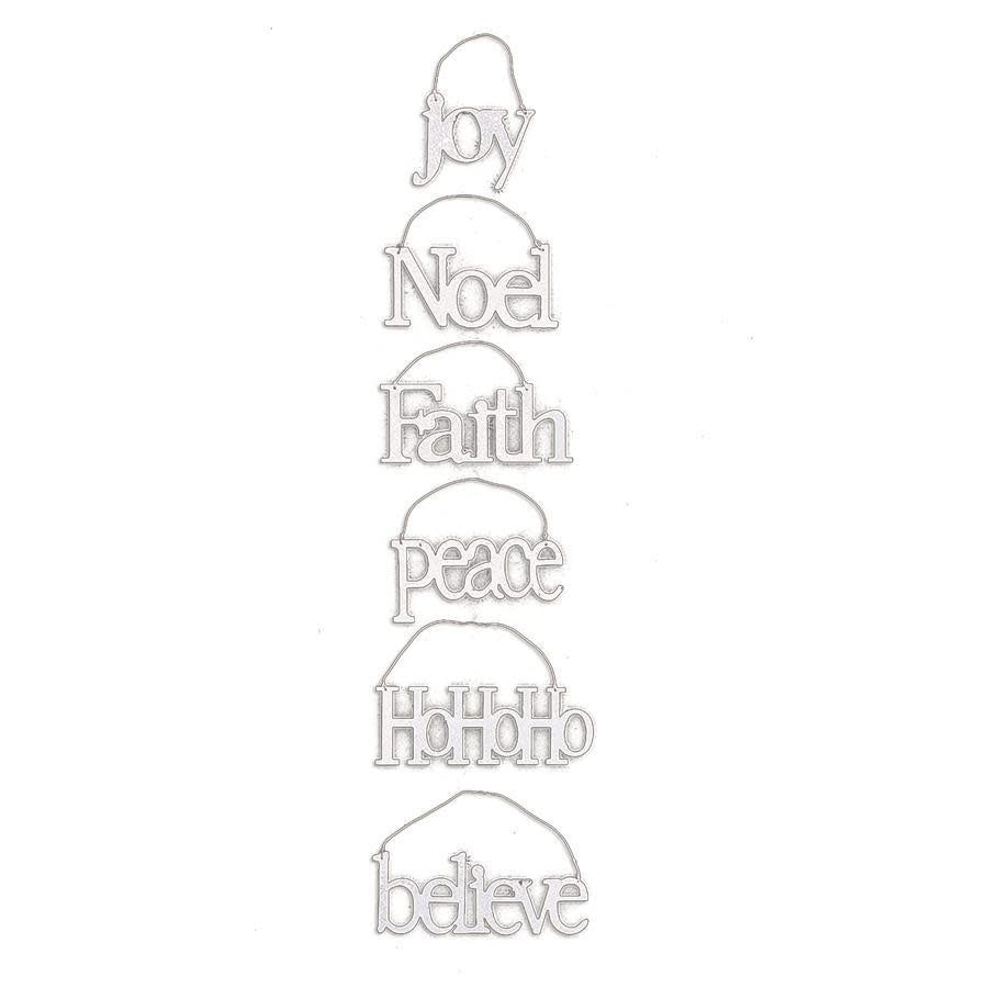 White tin Christmas ornament shaped as a message word with decorative cutout lettering.