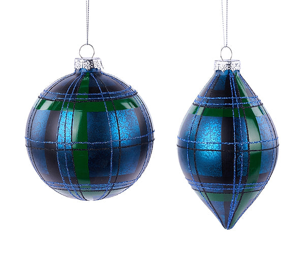 Round and teardrop-shaped blue and green plaid glass Christmas ornaments with glitter accents.