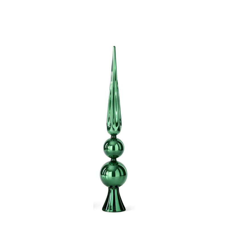 Tall green glass finial tree topper with a reflective finish and tiered spherical design.