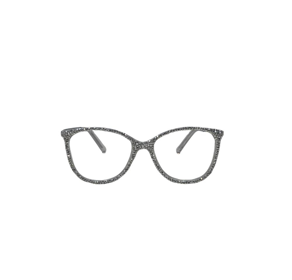 Cat-eye rhinestone reading glasses with a dark grey crystal-embellished frame.