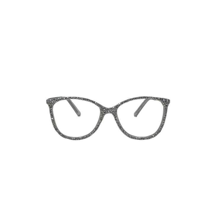Cat-eye rhinestone reading glasses with a dark grey crystal-embellished frame.