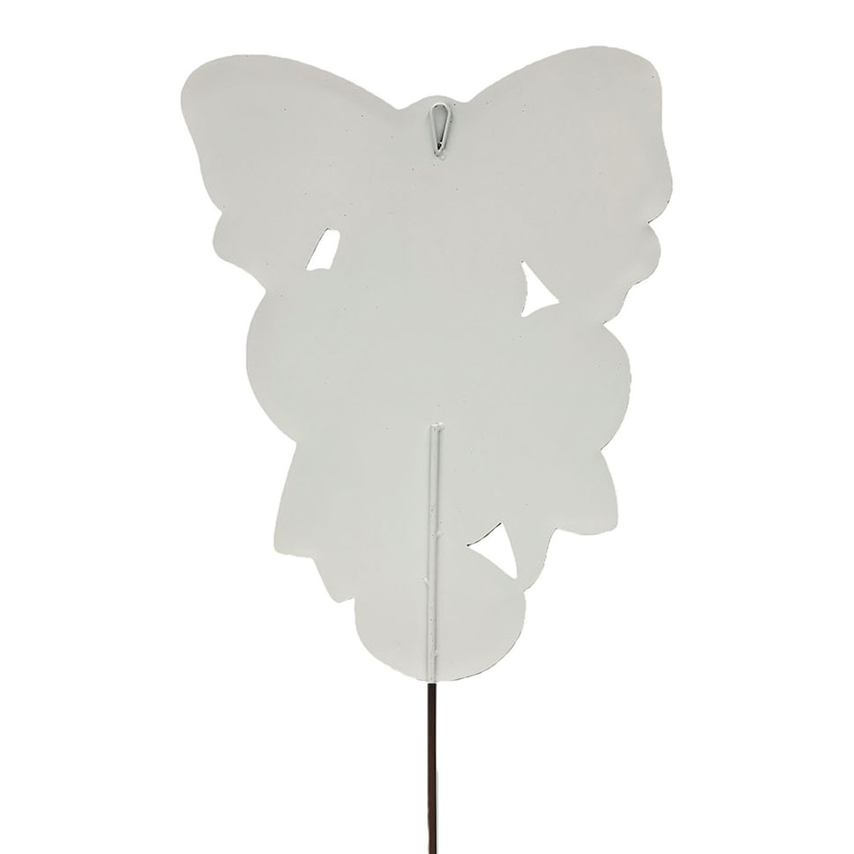 Back view of a white metal pumpkin swag decoration with a hanging loop and a ground stake.
