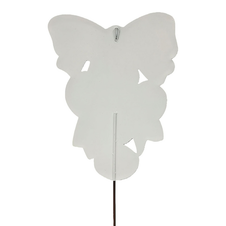 Back view of a white metal pumpkin swag decoration with a hanging loop and a ground stake.