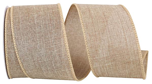 Natural linen-look wired edge ribbon, 2.5 inches wide, 10 yards long.