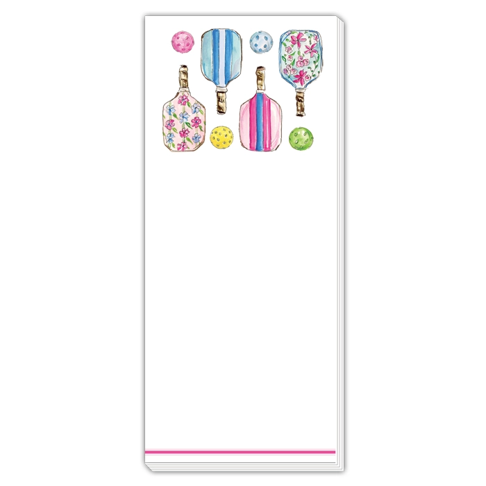 Skinny notepad with hand-painted pickleball paddles and balls in floral and striped patterns.