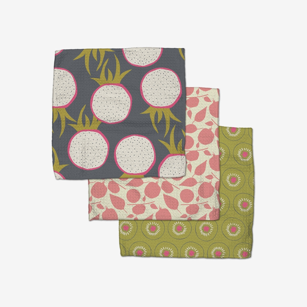 Set of three waffle weave dishcloths in recycled polyester with single-sided prints and hang loops.