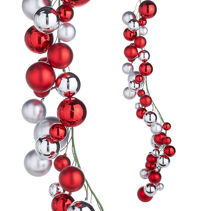 4' Red and Silver Ball Garland featuring shiny, matte, and glittery plastic ornaments.