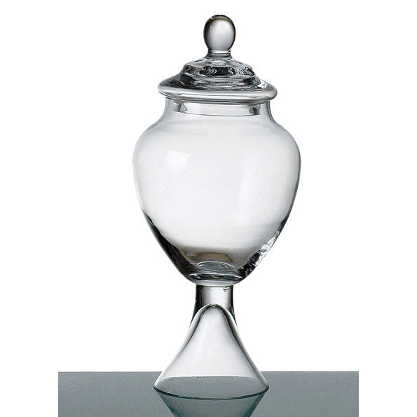 Clear glass apothecary jar with lid, 14 inches tall, featuring a curved body and pedestal base.