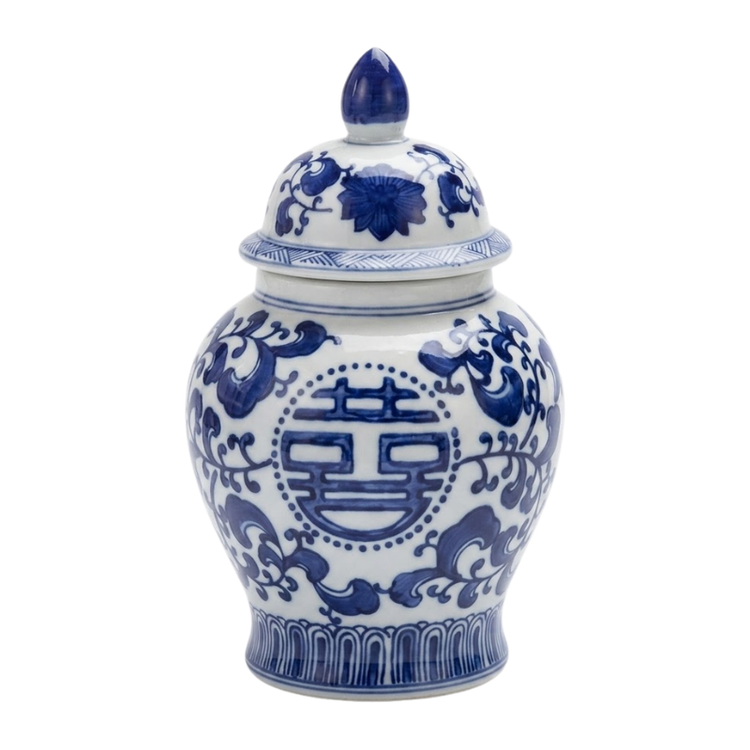 Canton blue and white ceramic ginger jar with lid featuring traditional floral and symbol patterns.