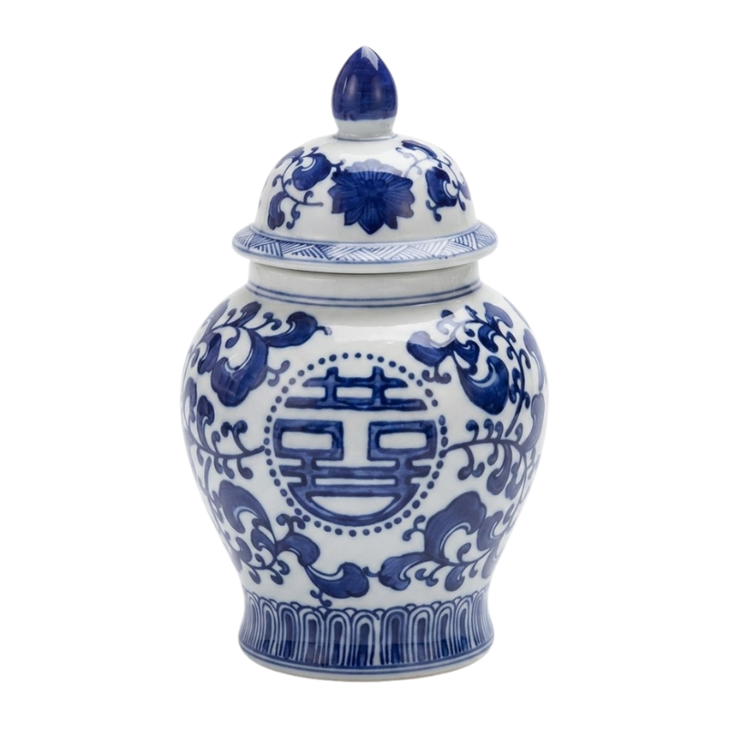 Canton blue and white ceramic ginger jar with lid featuring traditional floral and symbol patterns.