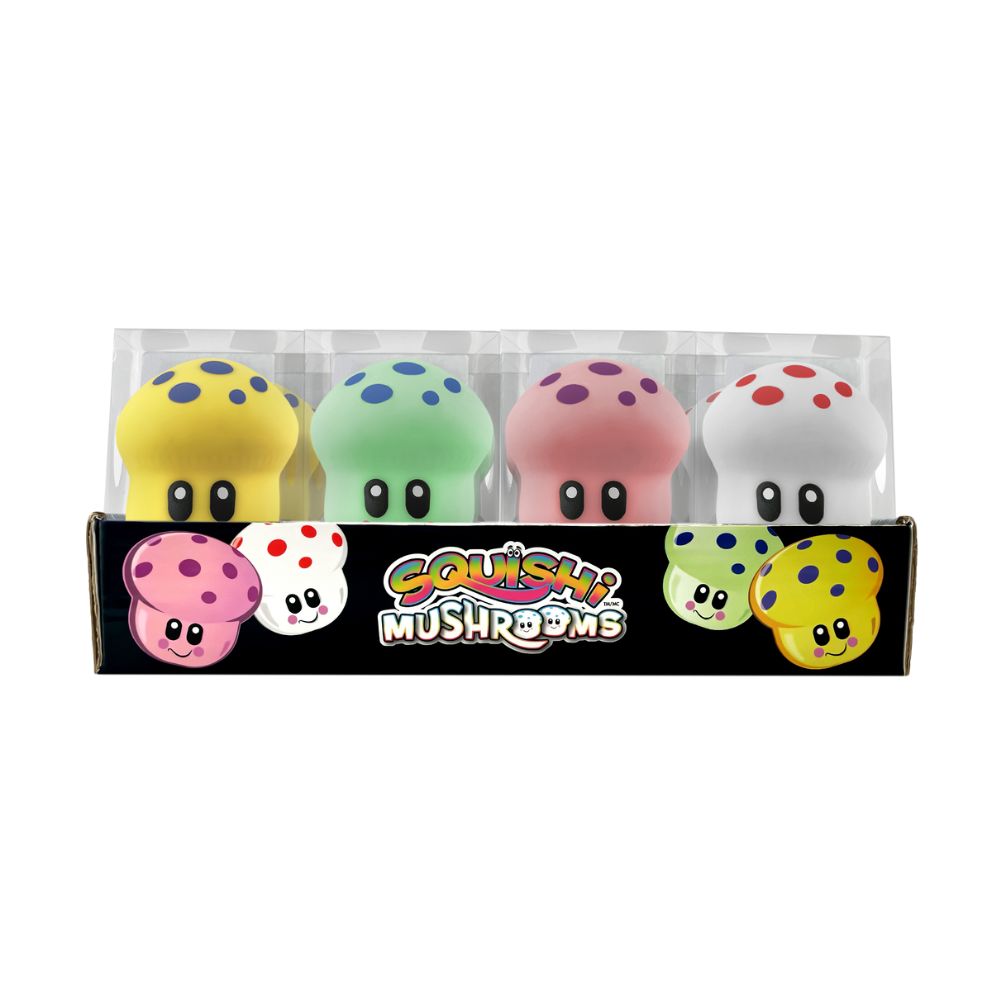 Squishi Mushrooms sensory toy in soft pastel colors with a whimsical mushroom silhouette and squishy texture.