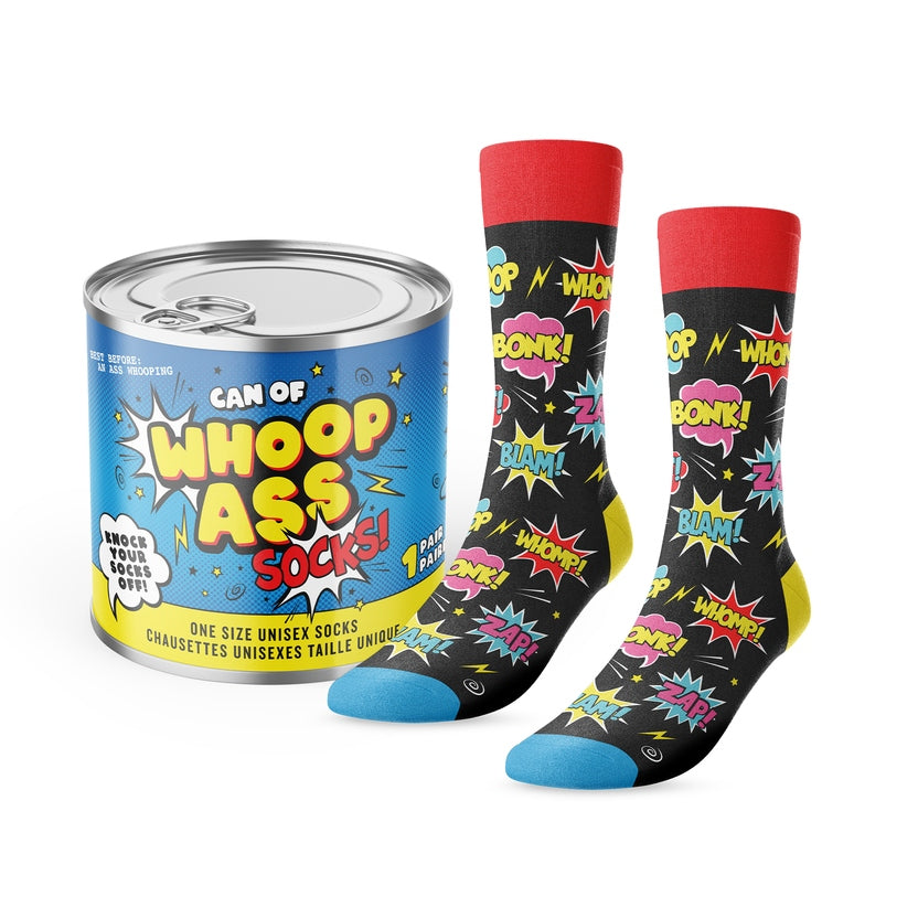 Big Ol' Can O' Whoop Ass Socks in a blue tin can with comic book style action words.