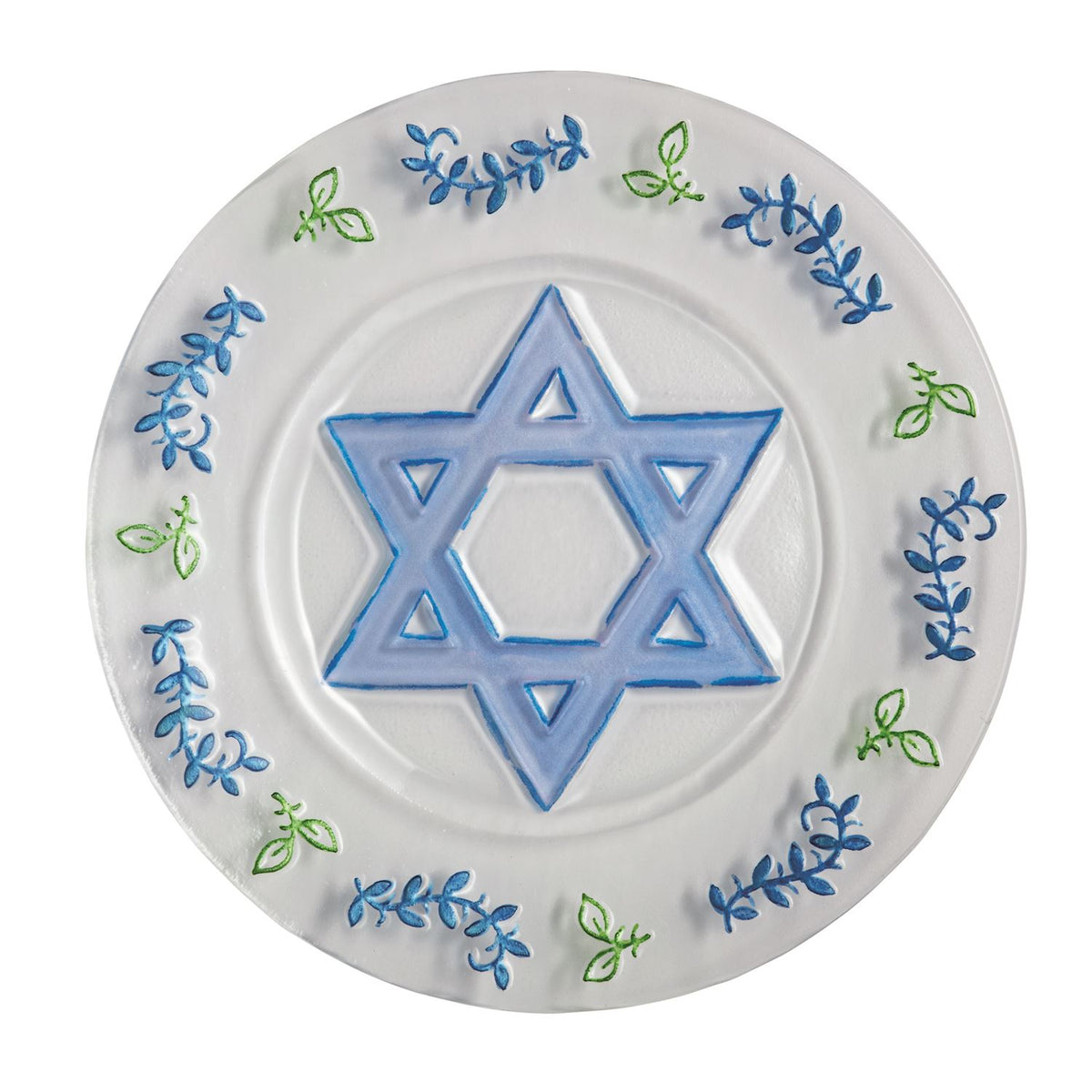 9-inch hand-painted fused glass Hanukkah plate with a blue Star of David and floral accents.