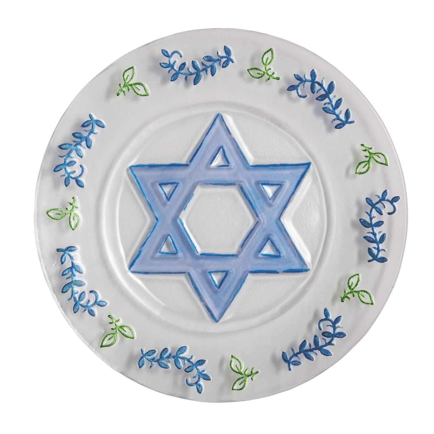 9-inch hand-painted fused glass Hanukkah plate with a blue Star of David and floral accents.