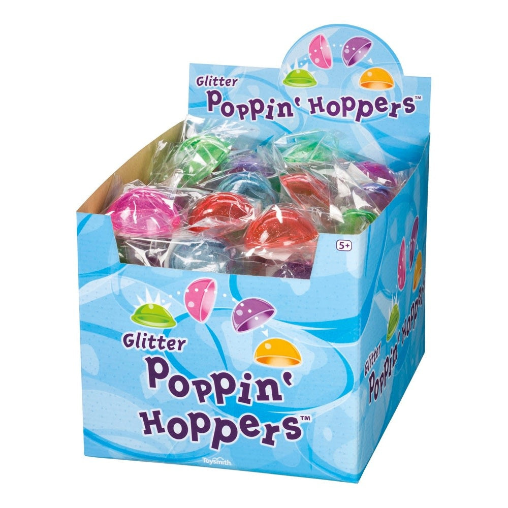 Jumbo Glitter Poppin' Hoppers Stress toy in pink glitter with a round silhouette and pop-up design.