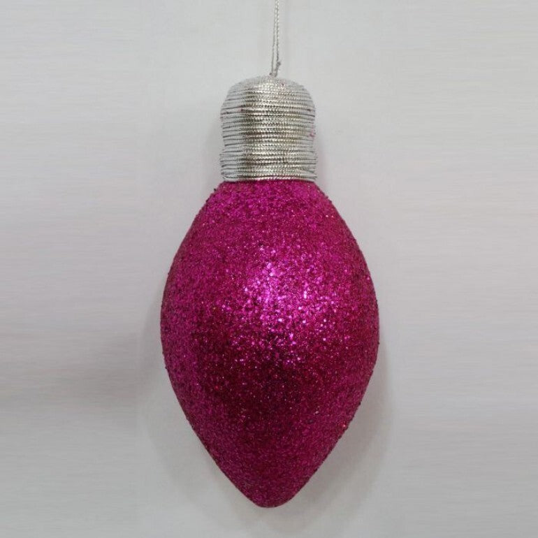 Seven-inch glitter lightbulb ornament with a clear glass bulb shape.
