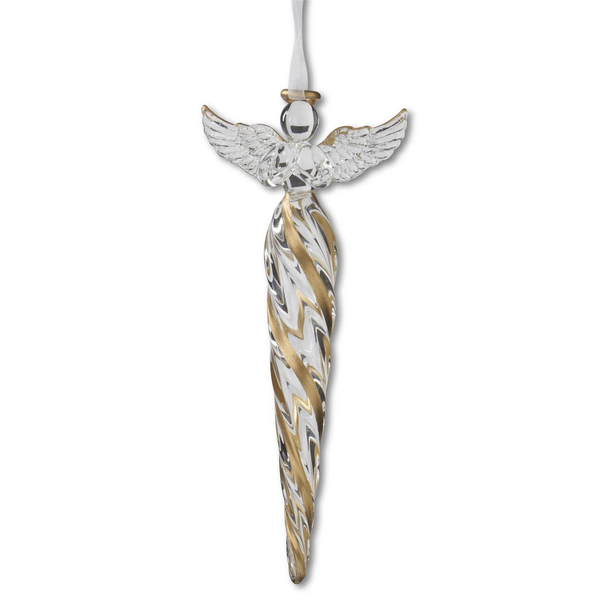 8-inch clear glass icicle ornament with a gold-swirled body and an angel top with gold accents.
