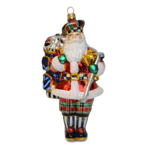 Golfing Santa glass ornament wearing a plaid hat and pants, carrying a golf bag and club.