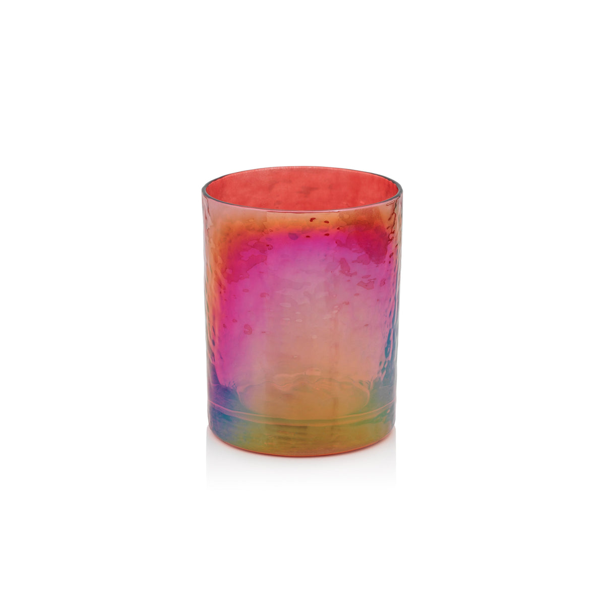 Aperitivo Rocks Glass with a vibrant iridescent pink, orange, and blue gradient finish.