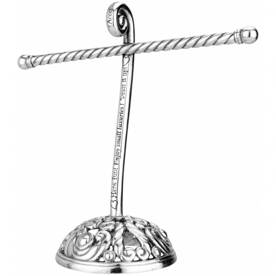 Silver plated Accessorize Bracelet Tree with a twisted horizontal bar and ornate filigree base.