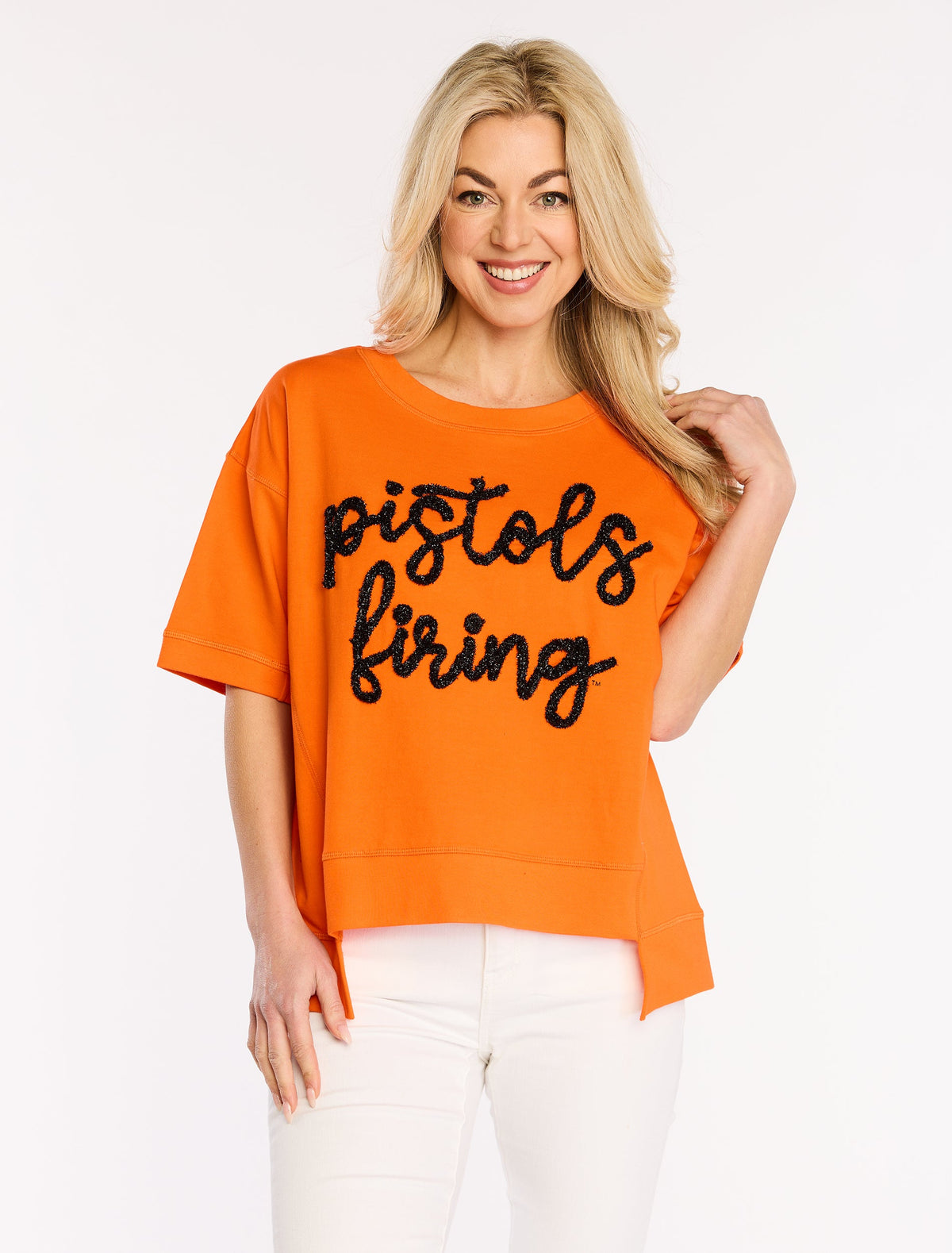Boxy top with bold glitter script print in black fabric