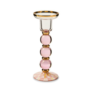 Hand-painted glass candlestick with gold luster accents, standing tall at seven inches.