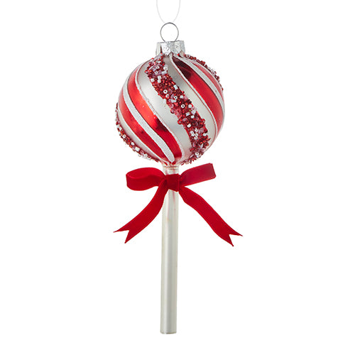 7.5-inch glass peppermint lollipop ornament with red-and-white striped candy pattern and round silhouette.