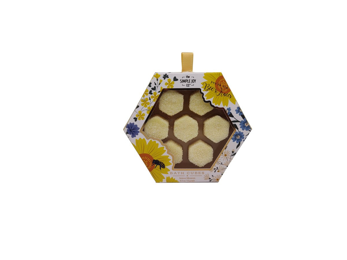 Hexagonal box of seven lemon blossom bath cubes with bee and floral illustrations.