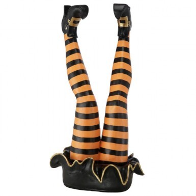 42-inch resin witch legs with orange and black striped stockings and black buckled shoes.