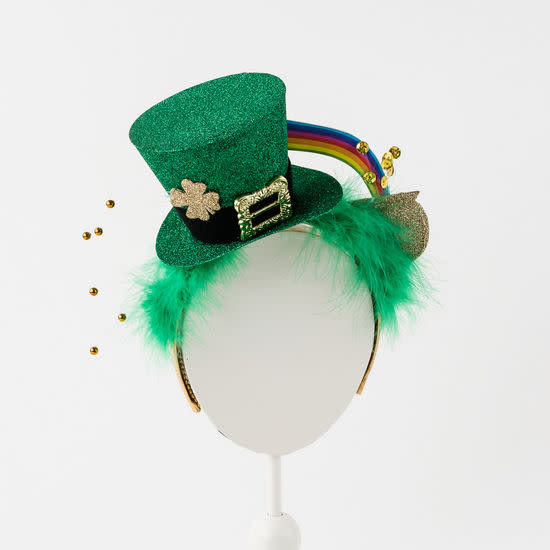 St Patrick's Day green knit headband with shamrock embroidery.