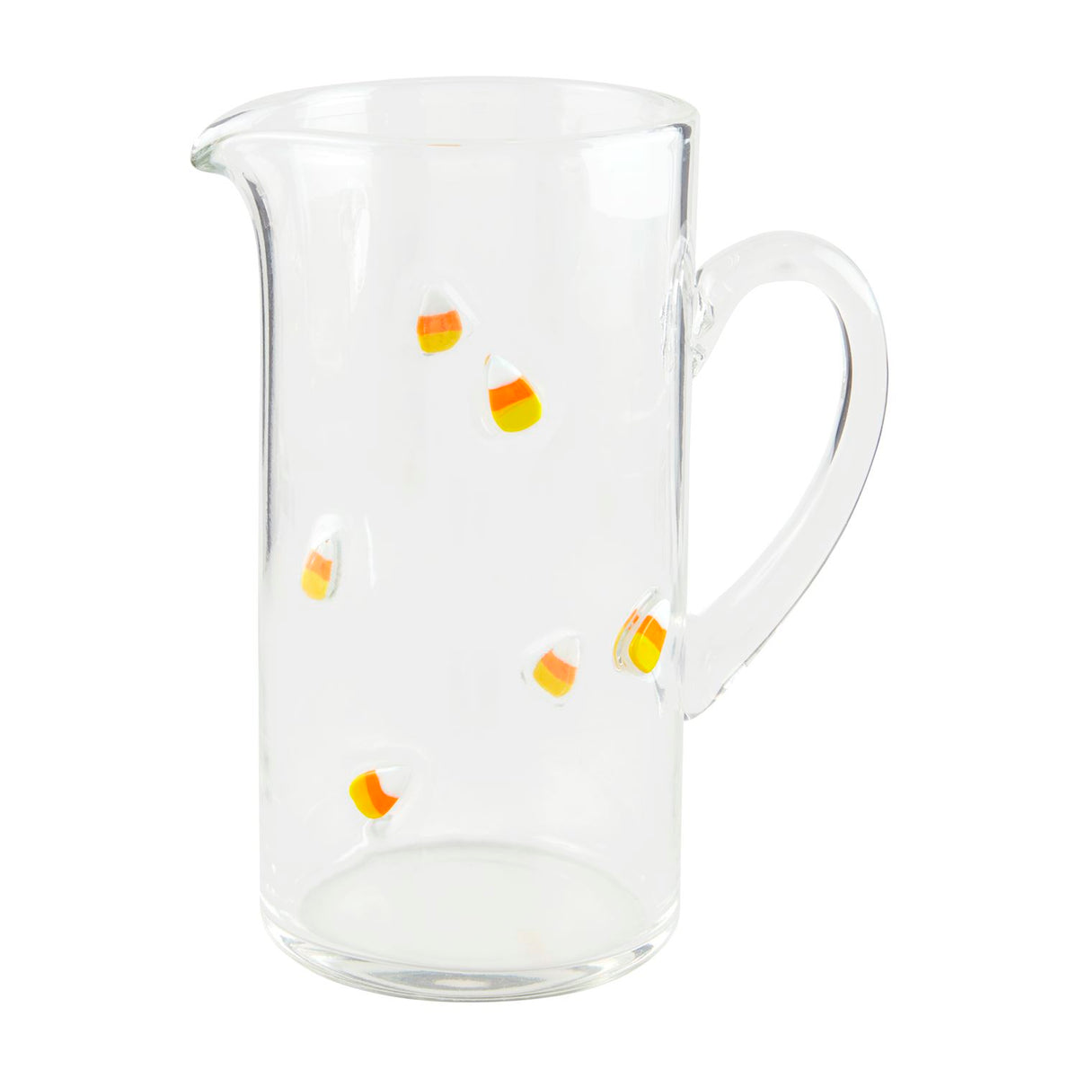 White ceramic pitcher with candy corn-shaped handles in orange, yellow, and white.