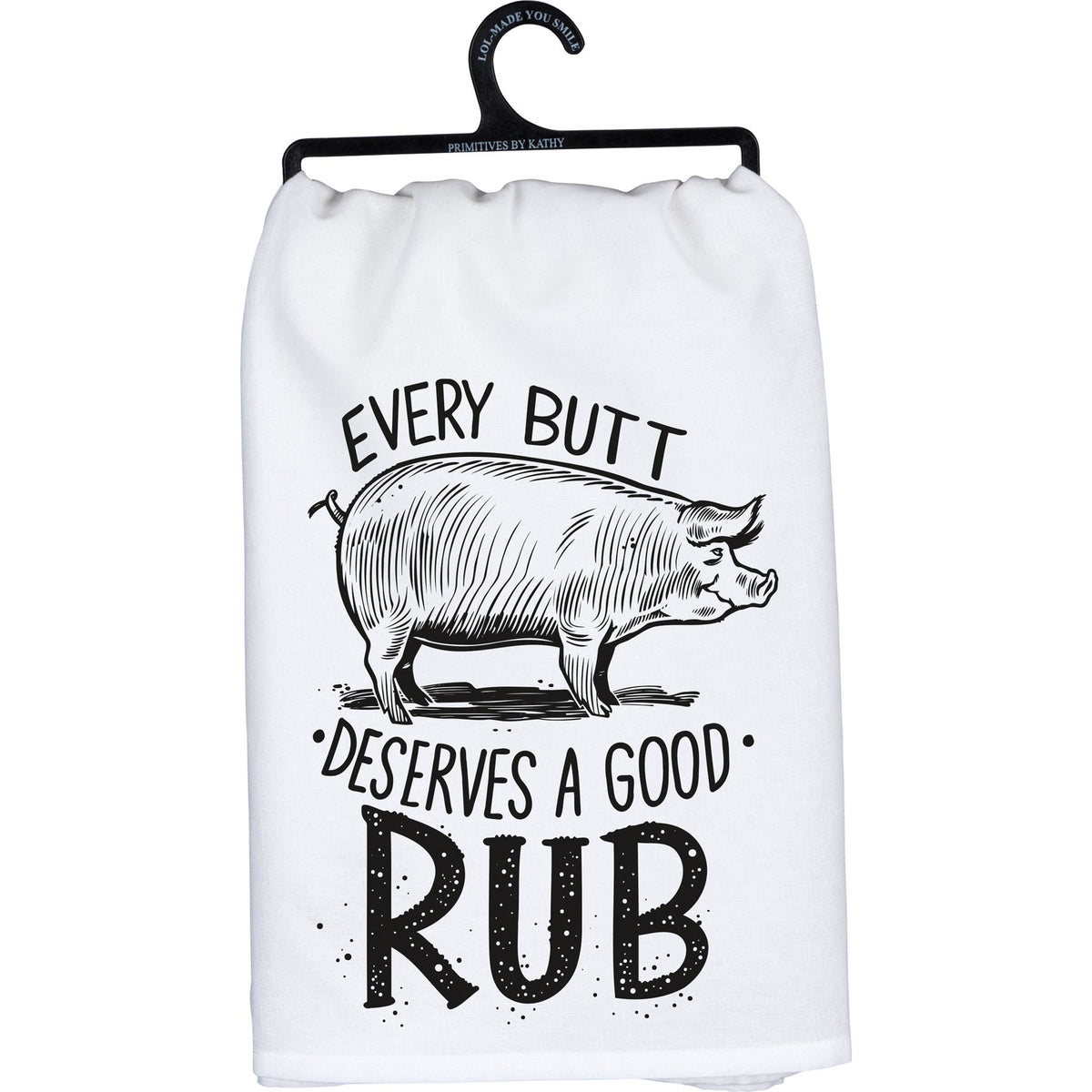 Black cotton kitchen towel with white text reading Remember As Far As Anyone Knows We Are A Nice & Normal Family
