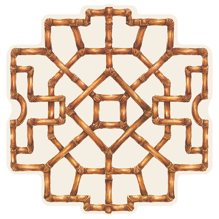 Twelve loose die-cut bamboo placemats in natural tan with a subtle leaf silhouette pattern.