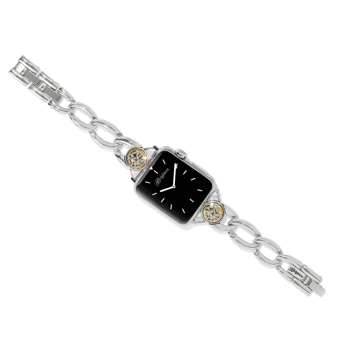 Interlok Noir two-tone silver and gold chain watch band with Celtic knot accents on a black watch.
