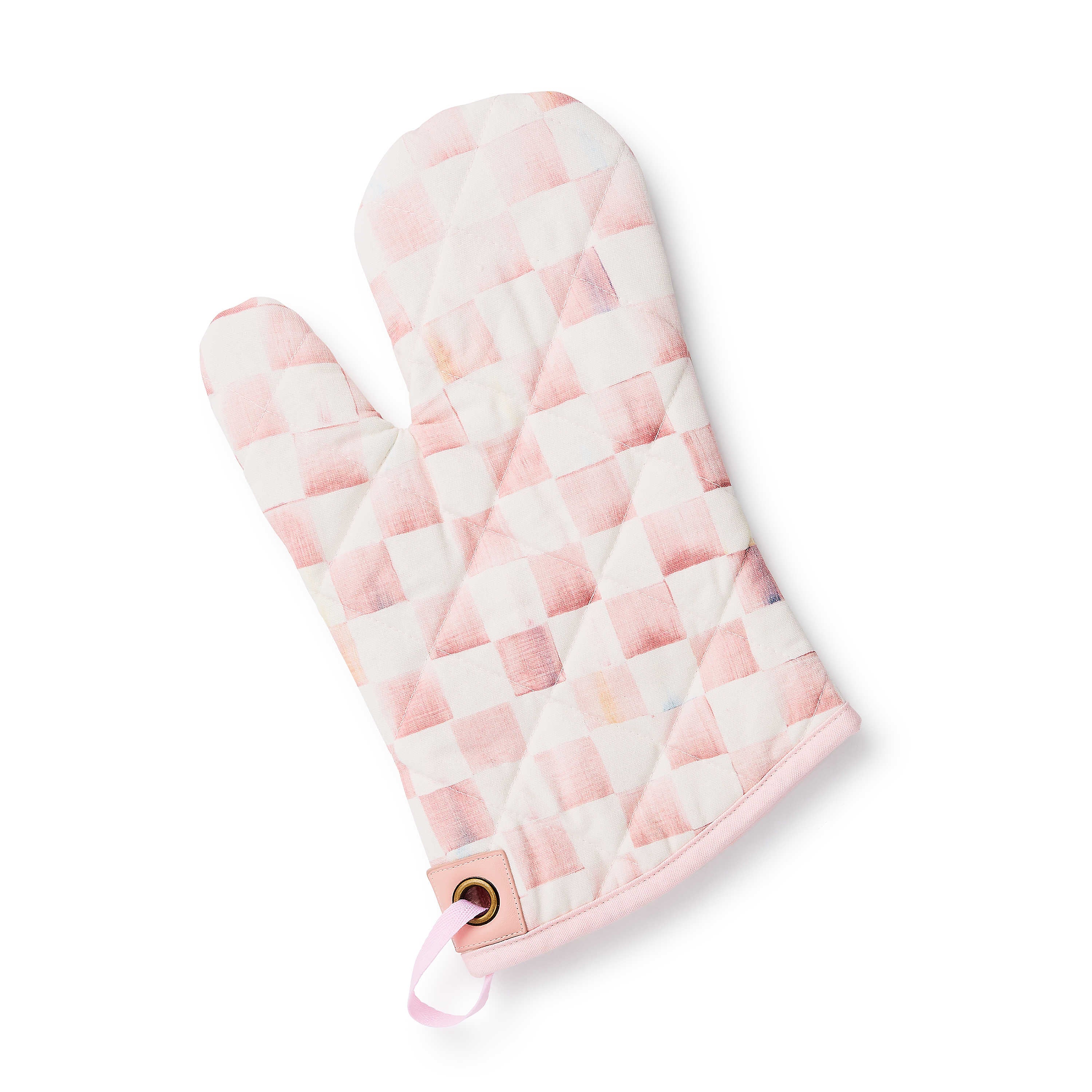 Rosy Check Oven Mitt featuring a pink and white watercolor checkered pattern with a hanging loop.
