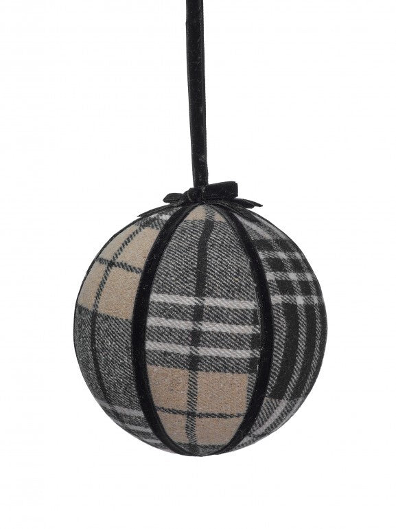 6-inch plaid velvet ball ornament with tan, grey, and black patterns and black velvet trim.