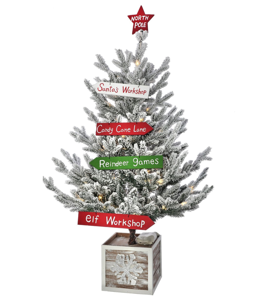 39-inch flocked Christmas tree with LED lights, directional signs, and a snowflake-patterned base.