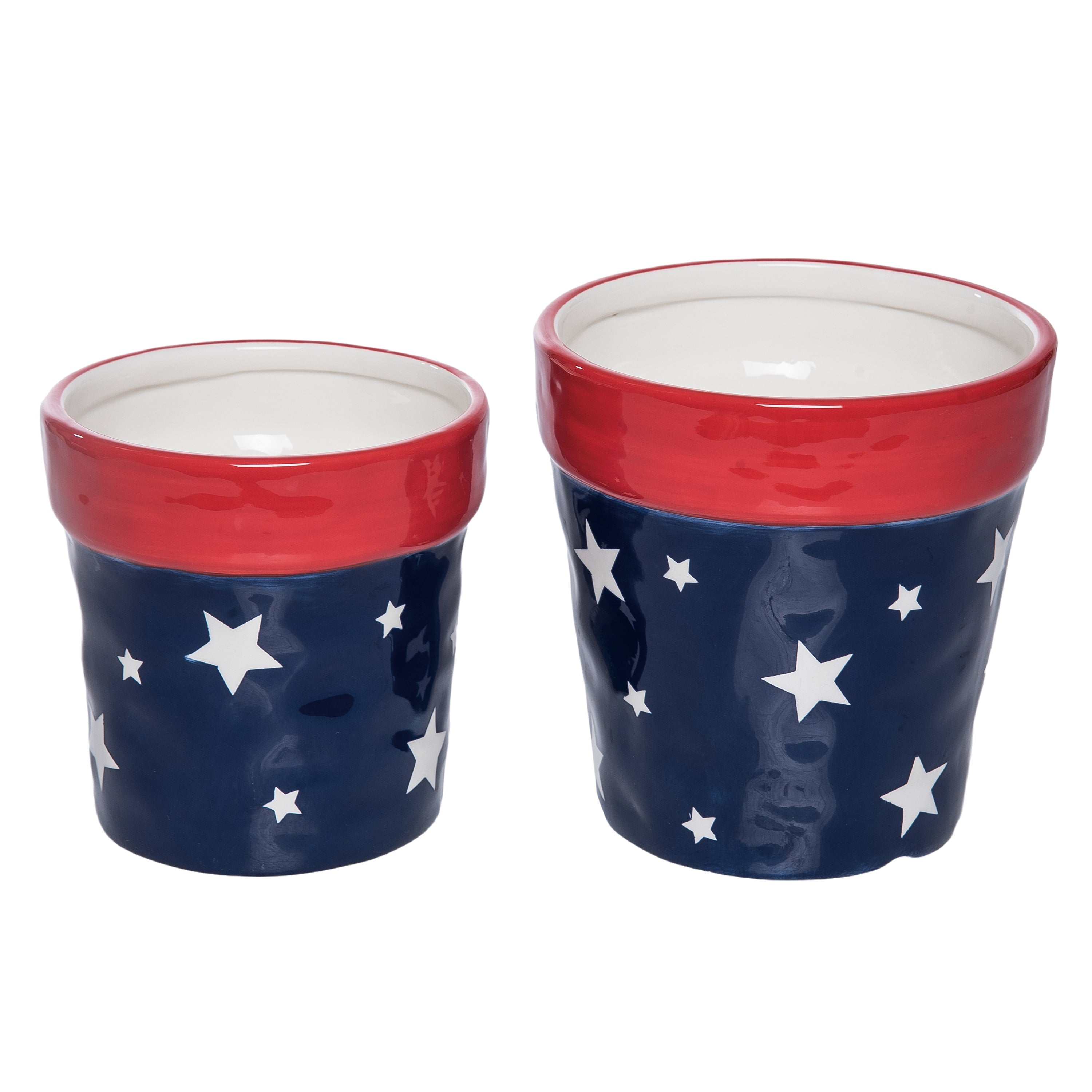 Ceramic patriotic pot in a compact square shape with red white blue colors