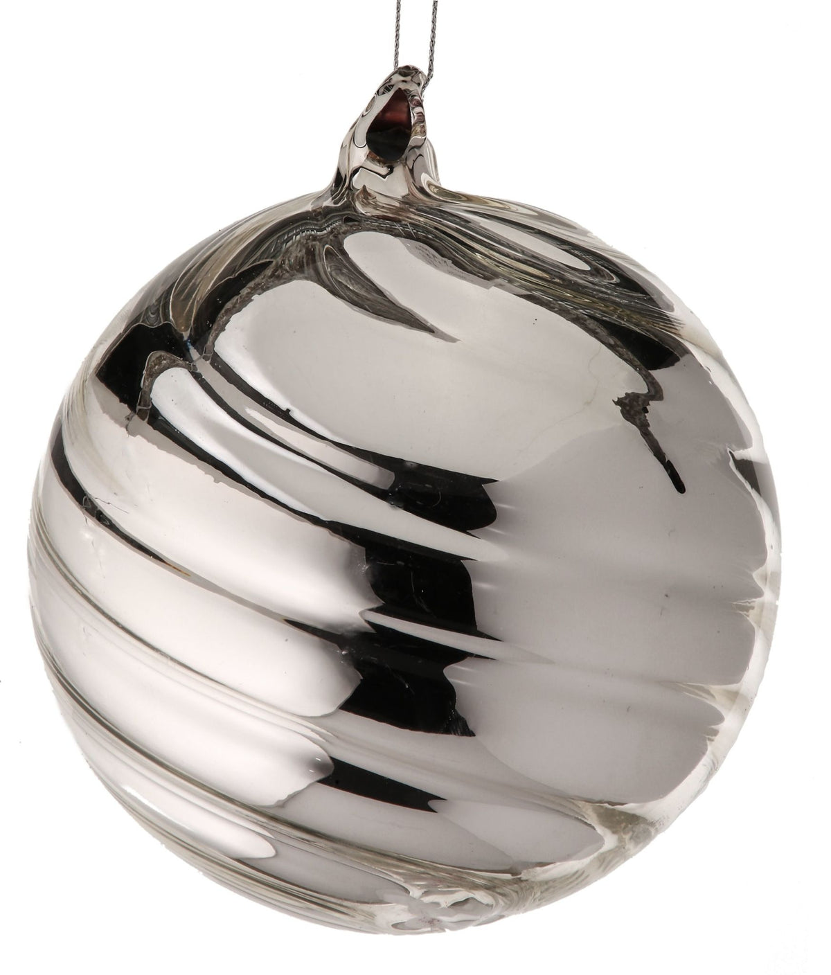120mm silver glass ball ornament with a reflective, swirling ribbed pattern.