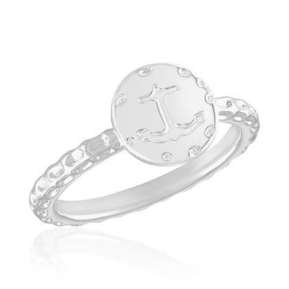 Silver anchor stack ring with textured nautical silhouette
