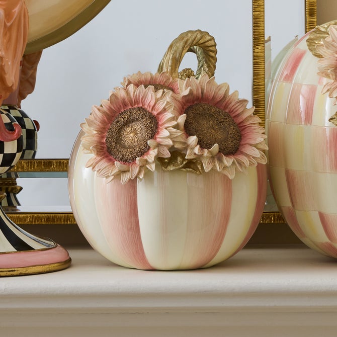Rosy Stripe Small Sunflower Pumpkin gourd with blush stripes and pink sunflower accents