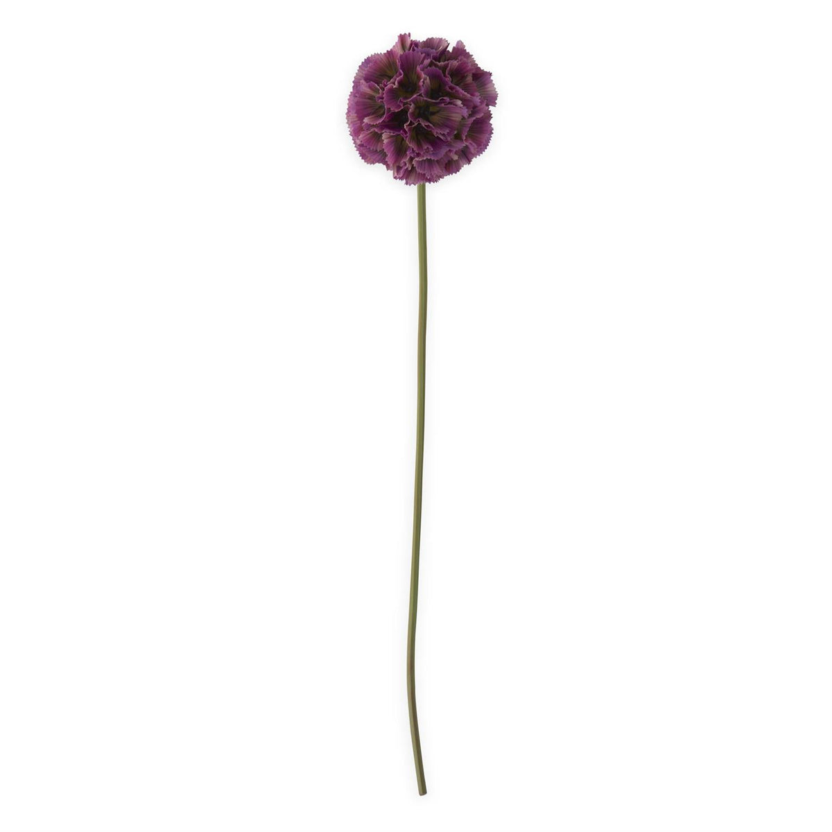 Dark purple scabiosa pod stem with polyester fabric petals on iron wire structure