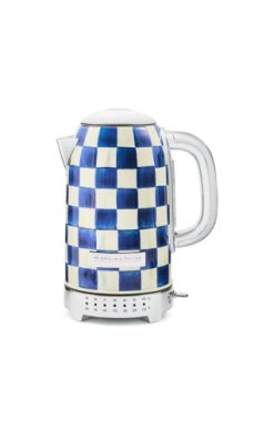 Blue and white checkered electric kettle with a silver base and clear handle.