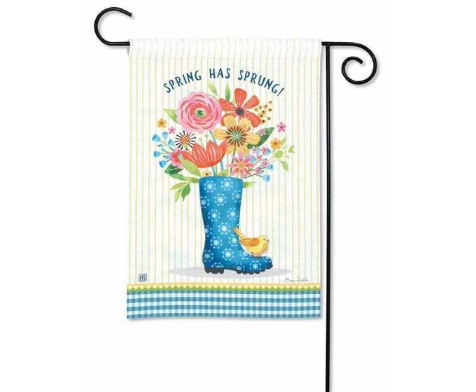 Garden flag featuring a colorful floral pattern on a white background with standard rectangular silhouette.