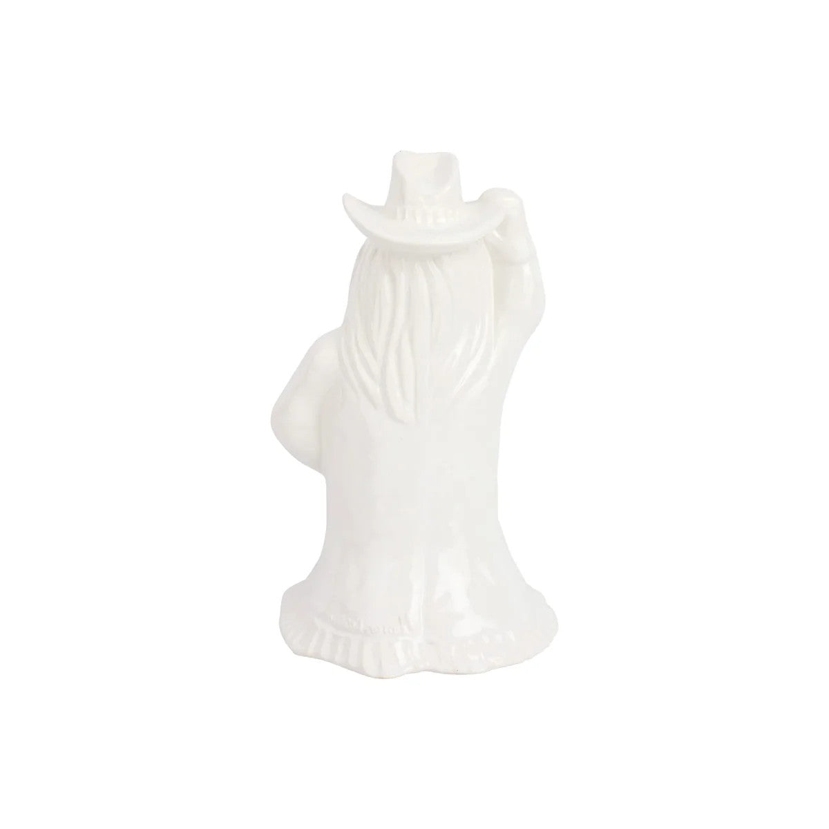 Back view of a white ceramic Pietra Natale Figural Cowboy Santa with a wide-brimmed hat.