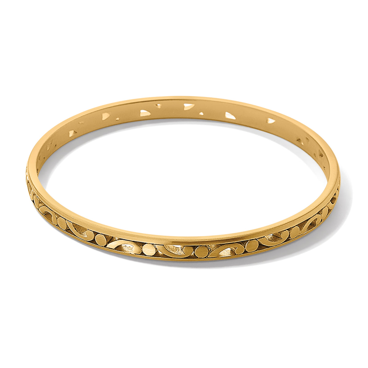 Gold plated Contempo Slim Bangle with an intricate cutout scroll pattern.