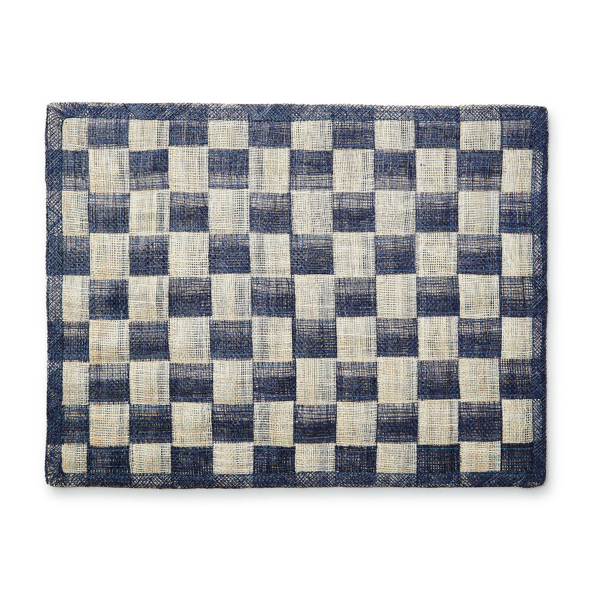Rectangular blue and cream checkered sinamay placemat with a woven abaca texture.
