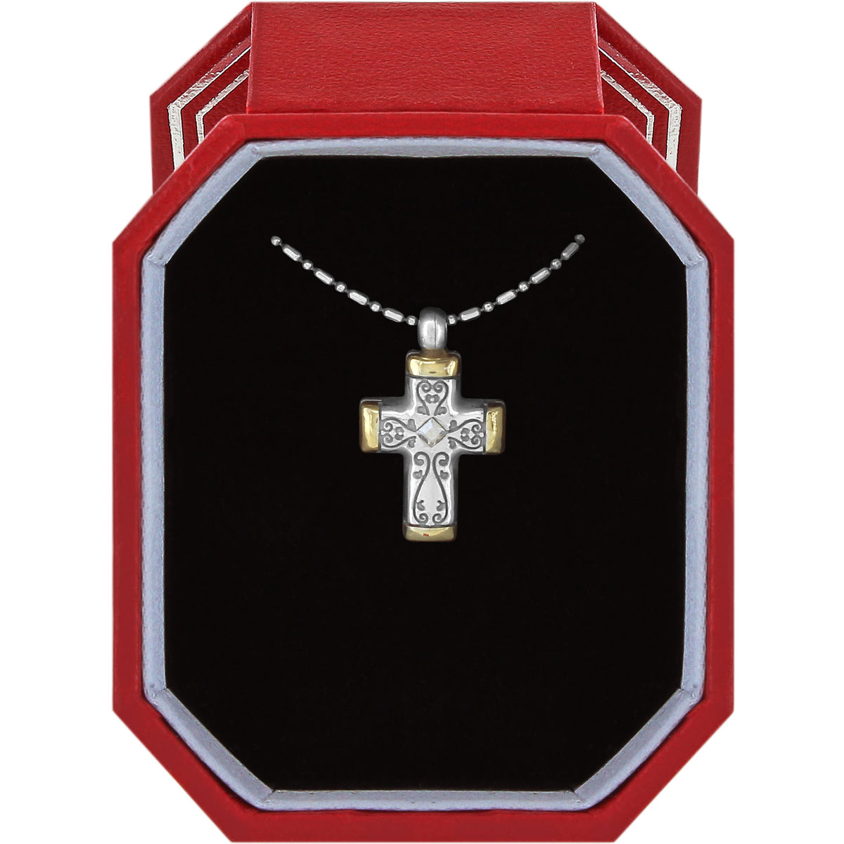 Venezia Petite Cross Necklace in a red gift box, featuring a two-tone silver and gold finish.