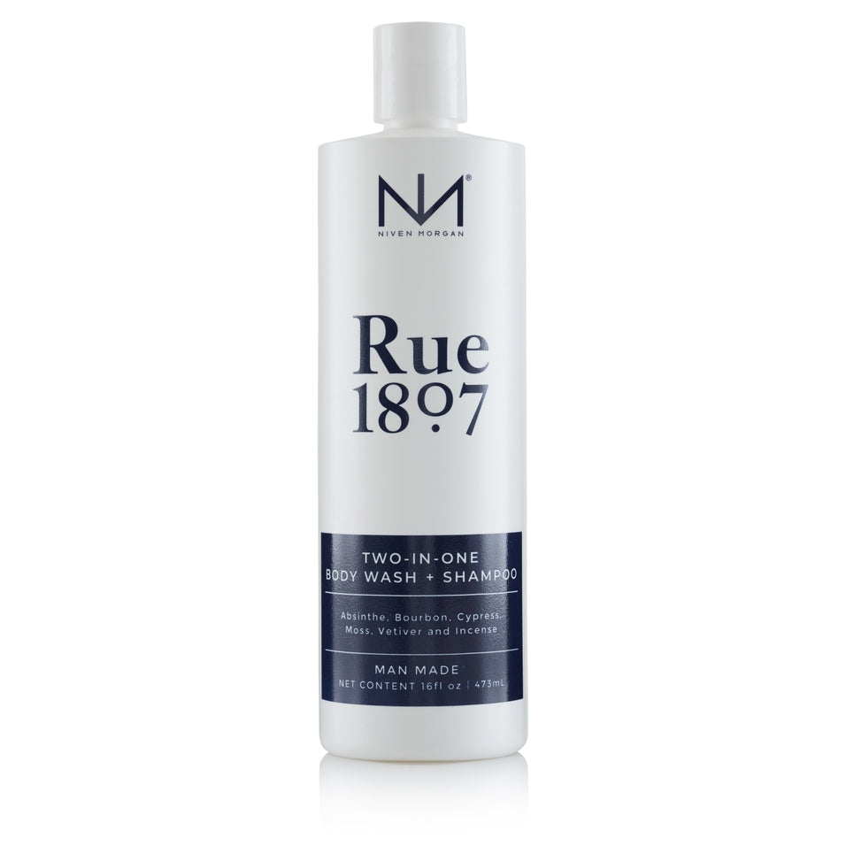 Niven Morgan Rue 1807 Two-in-One Body Wash and Shampoo in a 16 fl oz white bottle.